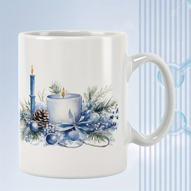 Tailorly White Ceramic 11 oz Mug - Festive Winter Watercolor Arrangement With Blue Pine Branches Ornaments And Radiant Candle