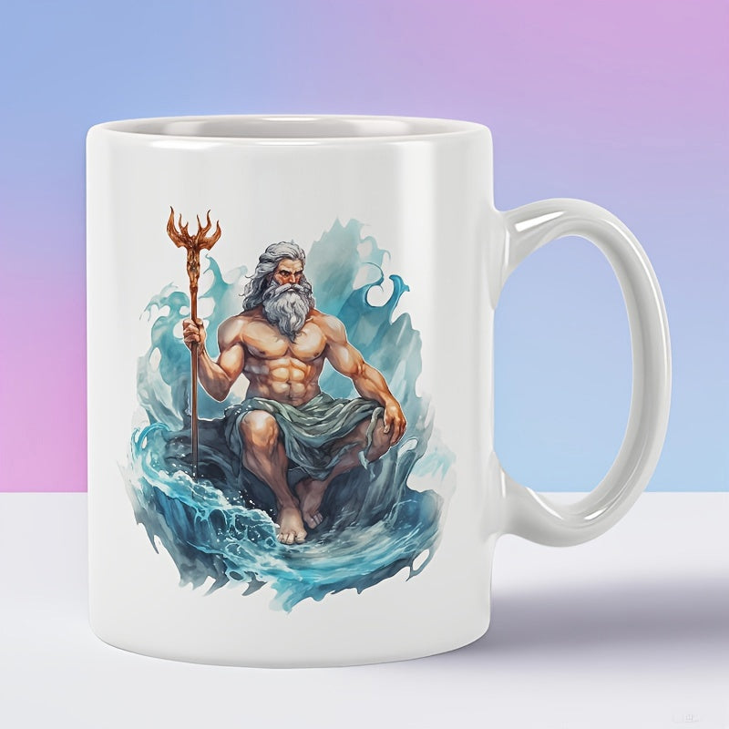 Tailorly White Ceramic 11 oz Mug - Majestic Mythological Deity Holding A Trident Amidst Swirling Ocean Water Waves Poseidon