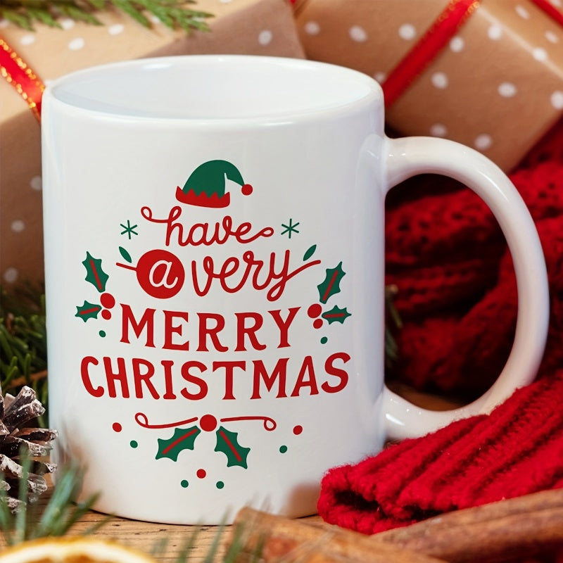Tailorly White Ceramic 11 oz Mug - Have A Very Merry Christmas Festive Holiday Holly Leaves With Red Berries And Cute Elf Hat Mug