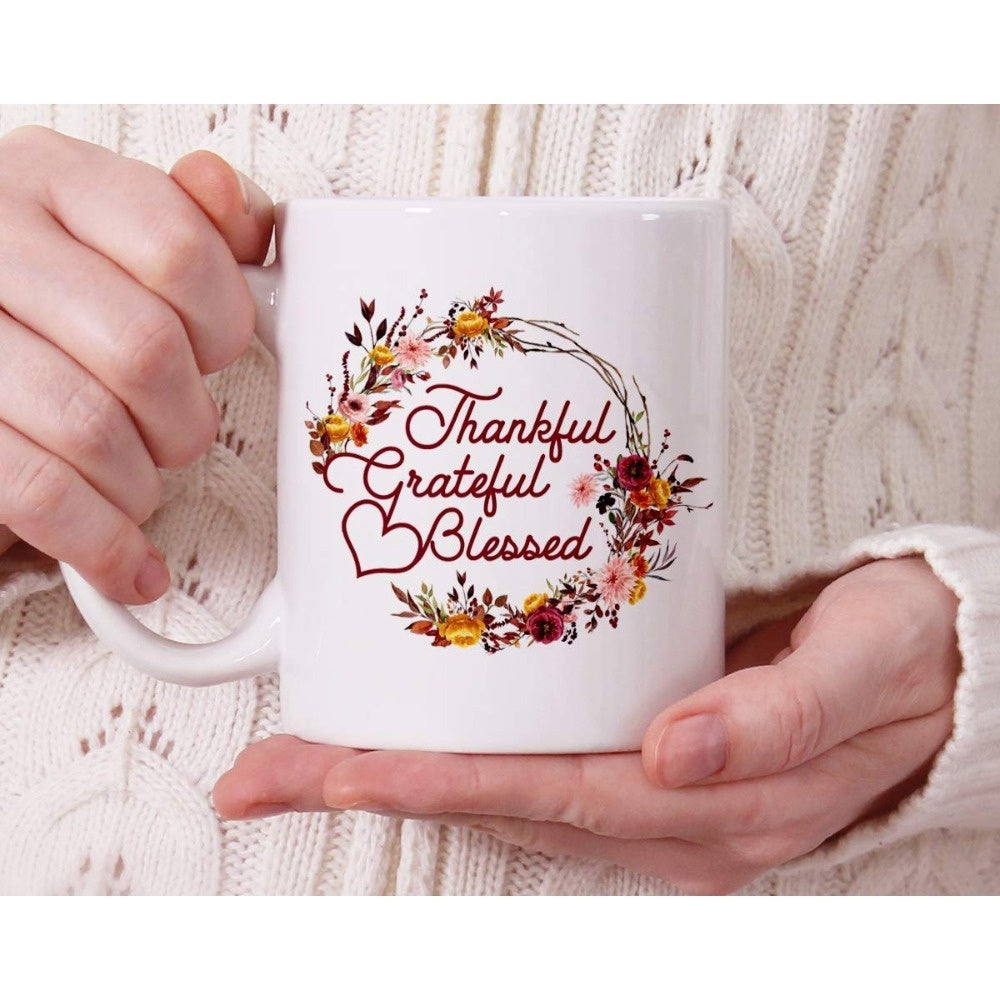 Tailorly White Ceramic 11 oz Mug - Thankful Grateful Blessed Autumn Floral Wreath With Colorful Blossoms And Small Hearts Mug