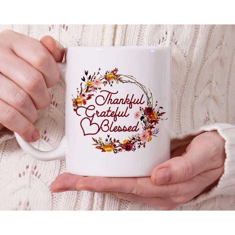 Tailorly White Ceramic 11 oz Mug - Thankful Grateful Blessed Autumn Floral Wreath With Colorful Blossoms And Small Hearts Mug