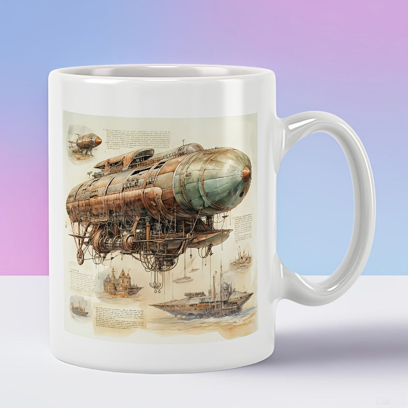 Tailorly White Ceramic 11 oz Mug - Vintage Metallic Steampunk Machine Floating Above A Detailed Technical Harbour Sketch Airship