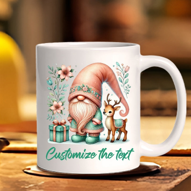 Tailorly White Ceramic 11 oz Mug - Customize The Text Whimsical Character With Flowers And A Small Cute Reindeer Among Gifts Gnome