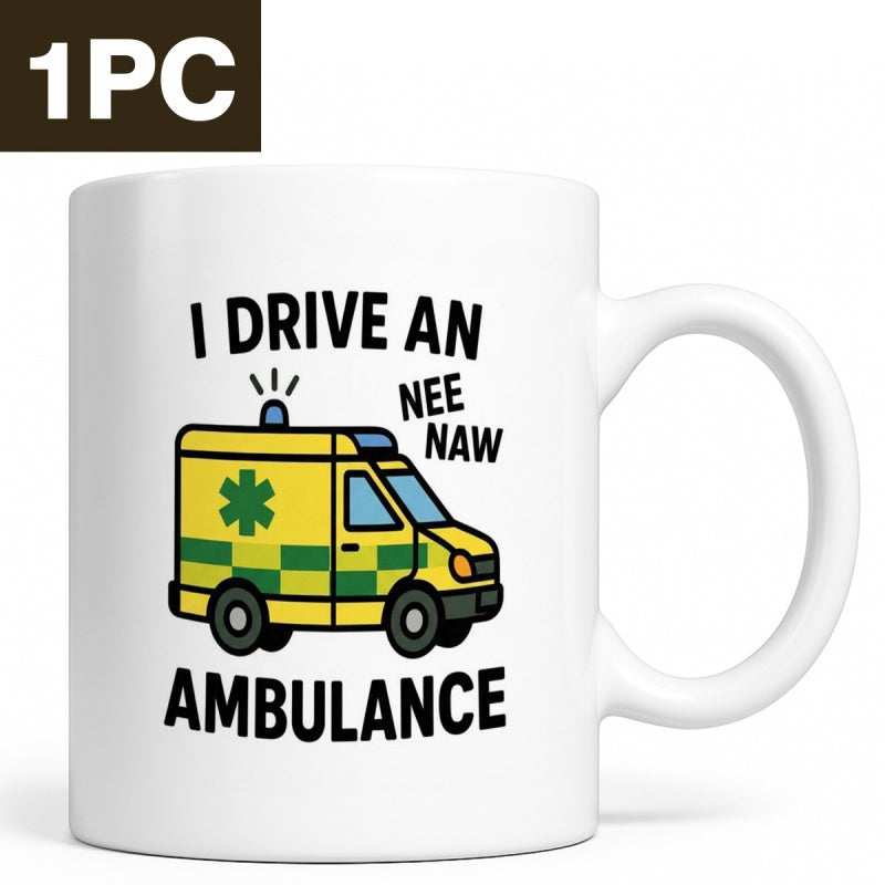 Tailorly White Ceramic 11 oz Mug - I Drive An Nee Naw Ambulance Bright Yellow Cartoon Style Emergency Vehicle With Green Checkers Ambulance