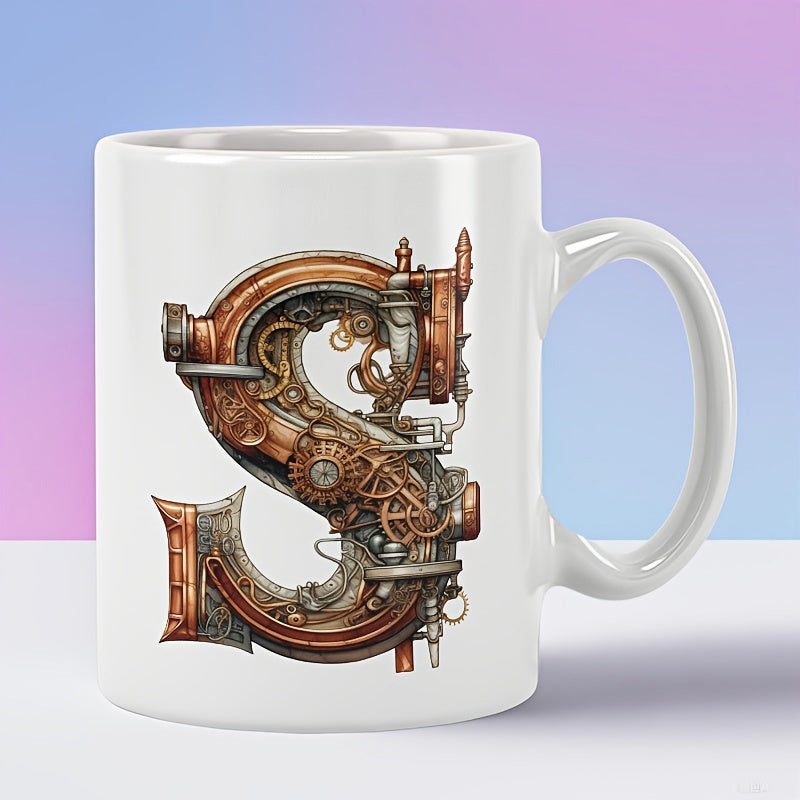 Tailorly White Ceramic 11 oz Mug - Intricate Mechanical Gears And Copper Pipes Forming A Steampunk Style Letter