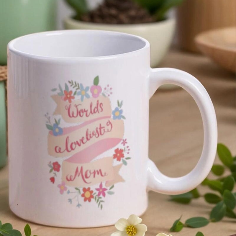 Tailorly White Ceramic 11 oz Mug - World S A Loveliest Mom Delicate Floral Blooms Wrapped Around A Soft Pink Ribbon Banner Mug