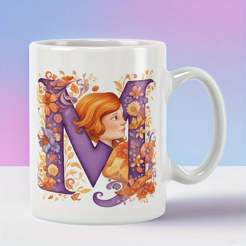 Tailorly White Ceramic 11 oz Mug - M Whimsical Floral Portrait Surrounding A Decorative Purple Letter Initial