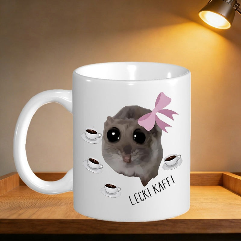Tailorly White Ceramic 11 oz Mug - Cute Adorable Little Animal With Pink Bow And Tiny Coffee Cups Hamster