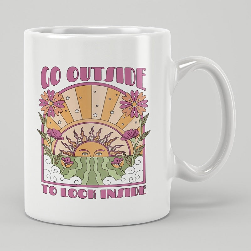 Tailorly White Ceramic 11 oz Mug - Go Outside To Look Inside Retro Stylized Flowers Blooming Under A Radiant Colorful Geometric Sunrise Sun