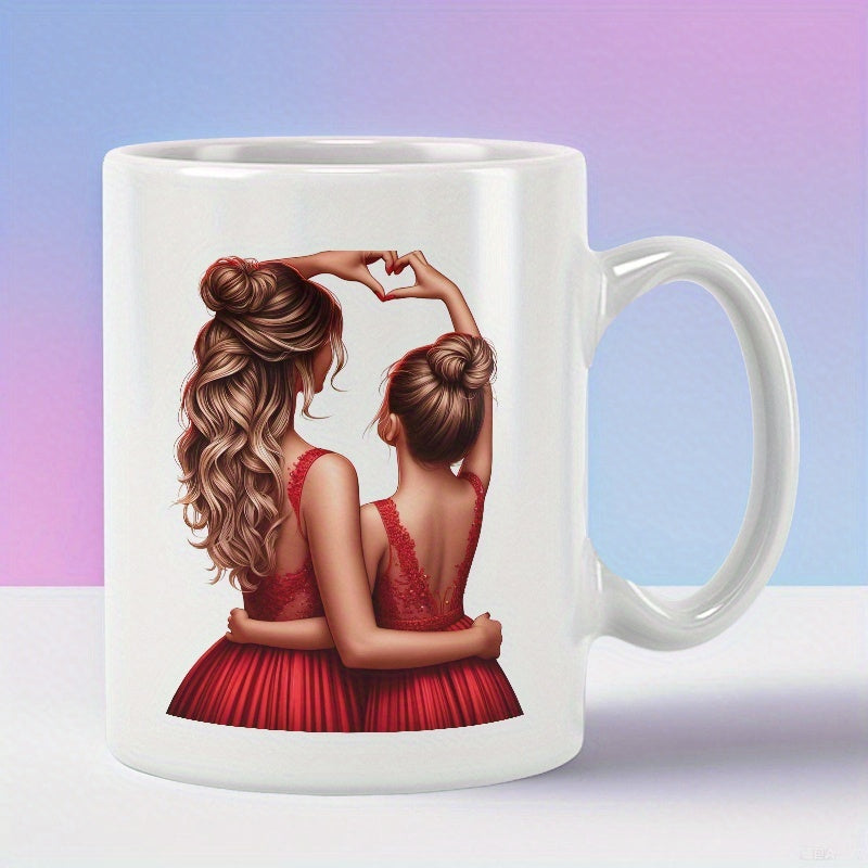 Tailorly White Ceramic 11 oz Mug - Two Lovely Girls In Red Dresses Forming A Heart Together Daughter
