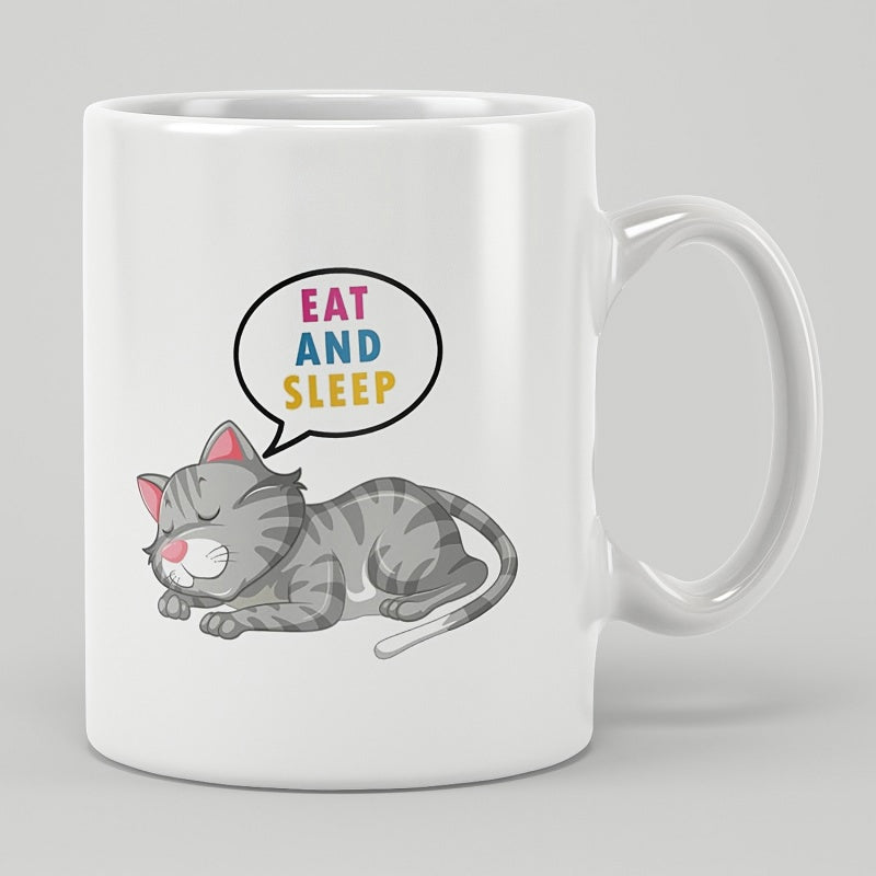Tailorly White Ceramic 11 oz Mug - Eat And Sleep Adorable Gray Striped Feline Sleeping Peacefully Beside A Colorful Speech Bubble Cat