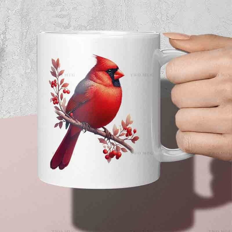 Tailorly White Ceramic 11 oz Mug - Vibrant Red Bird Perched On Branch Among Winter Berries Realistic Nature Cardinal
