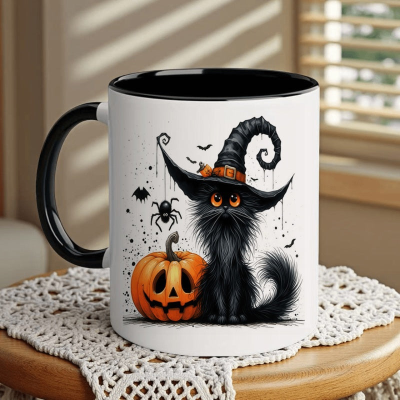Tailorly Black Accent 11 oz Mug - witch cat pumpkin bats