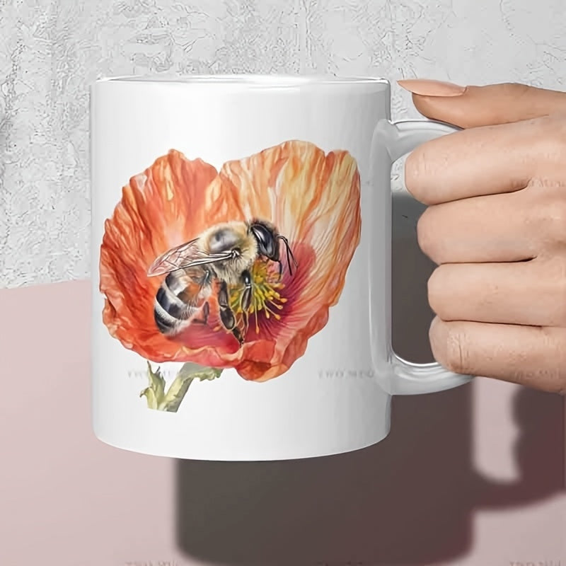 Tailorly White Ceramic 11 oz Mug - Vibrant Orange Poppy Flower With Delicate Bee Collecting Pollen In Nature Bee