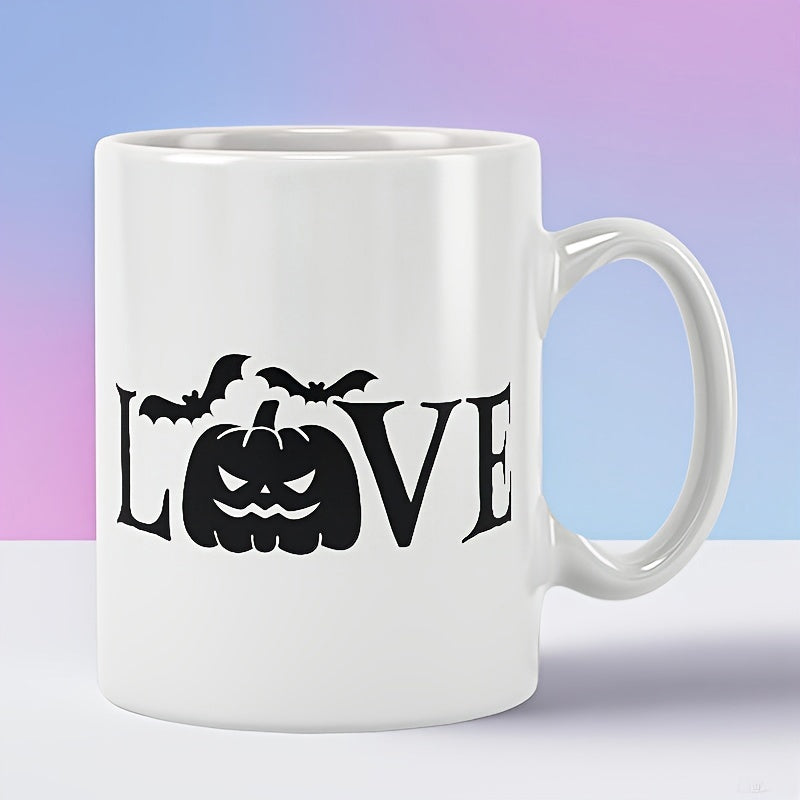 Tailorly White Ceramic 11 oz Mug - Love Spooky Silhouette Design Featuring Flying Bats And Scary Carved Face Pumpkin
