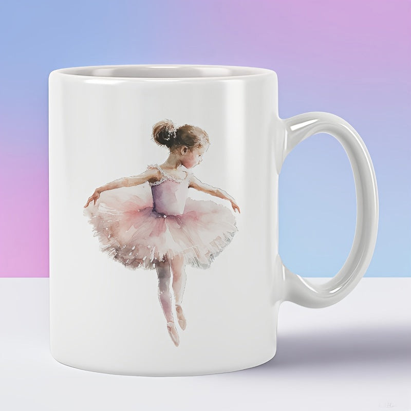 Tailorly White Ceramic 11 oz Mug - Graceful Young Ballerina Dancing In Pink Tutu With Soft Watercolor Style Ballerina