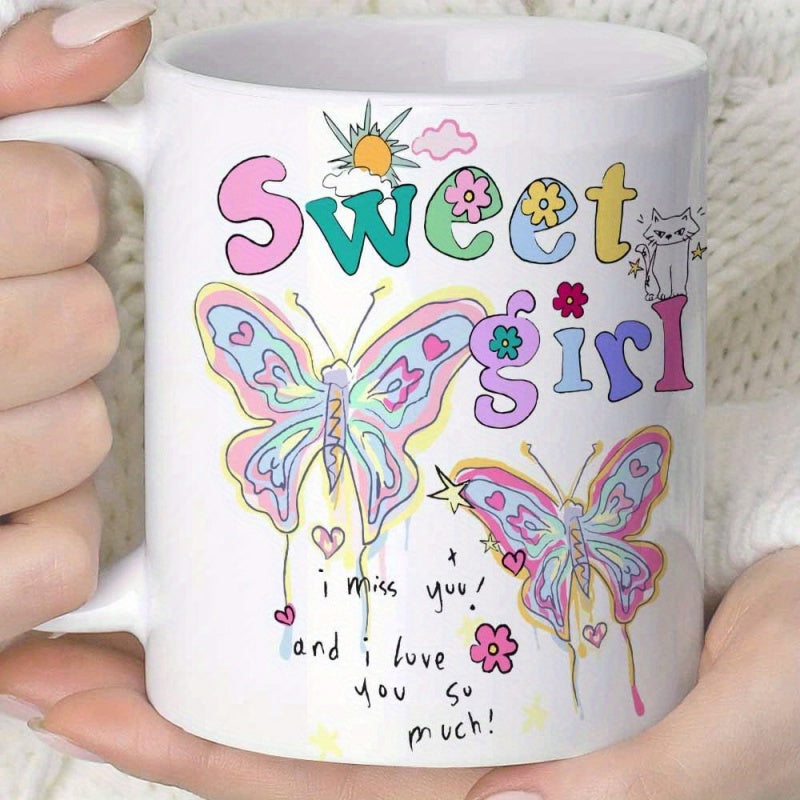 Tailorly White Ceramic 11 oz Mug - Sweet Girl I Miss You And I Love You So Much Colorful Whimsical Doodles With Flowers And A Small Cute Cat Among Flapping