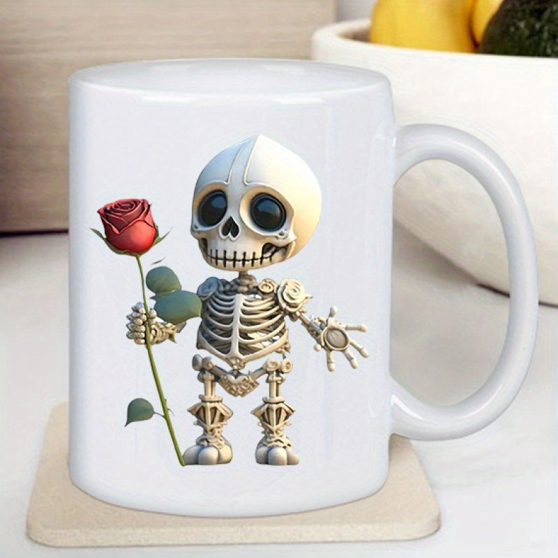 Tailorly White Ceramic 11 oz Mug - Adorable Chibi Figure Standing Firmly Holding A Single Blooming Red Rose Skeleton