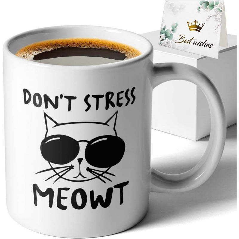 Tailorly White Ceramic 11 oz Mug - Don't Stress Meowt Cartoon Cat Wearing Cool Dark Sunglasses With Minimalist Line Art Styling Cat