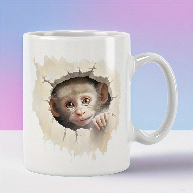 Tailorly White Ceramic 11 oz Mug - Adorable Baby Primate Peeking Through A Realistic Cracked Stone Wall Monkey