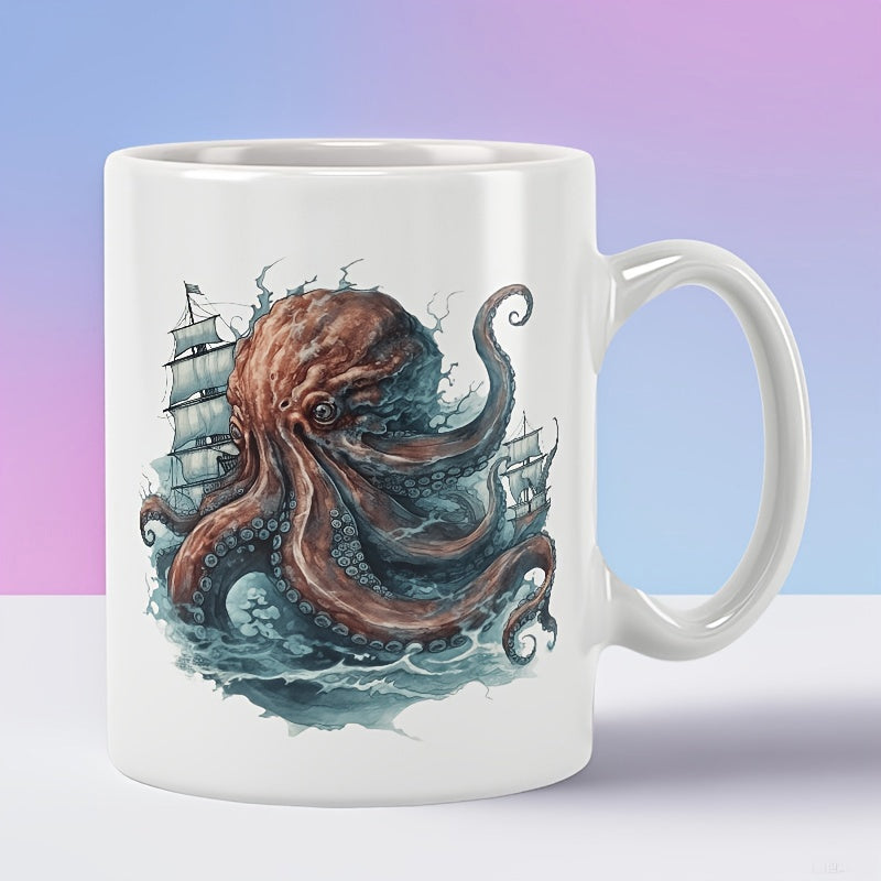 Tailorly White Ceramic 11 oz Mug - Giant Brown Kraken Emerging From Deep Ocean Waves Near Sailing Ship Octopus