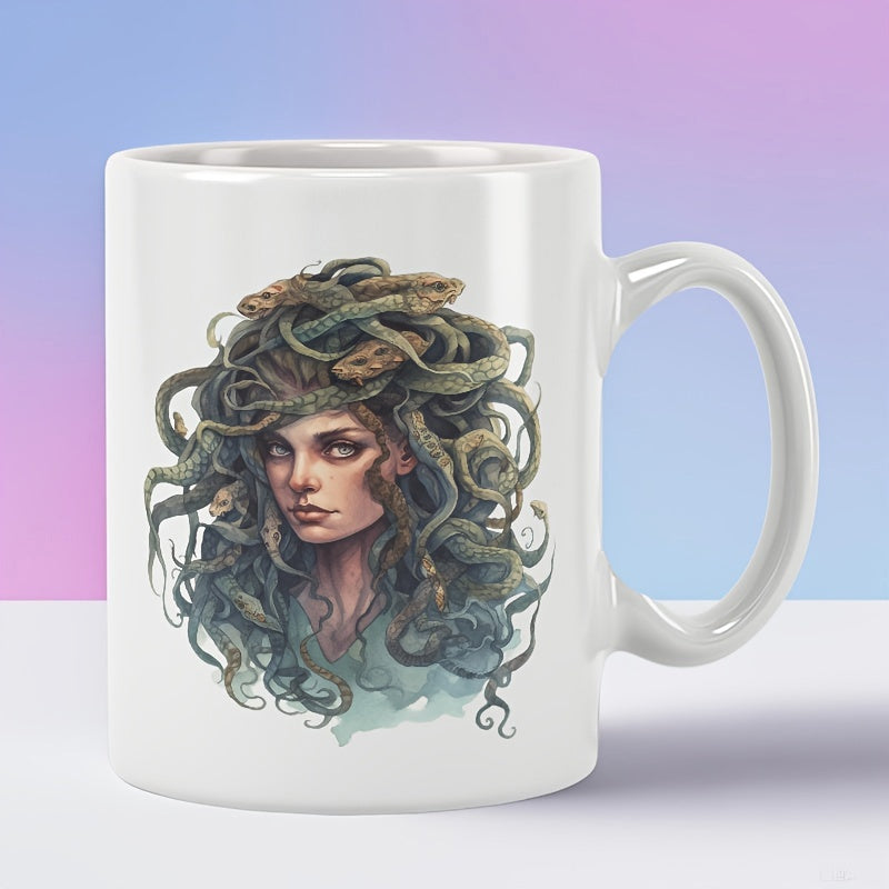 Tailorly White Ceramic 11 oz Mug - Mythological Female Creature With Tangled Green Snakes Forming Intricate Wild Hair Medusa