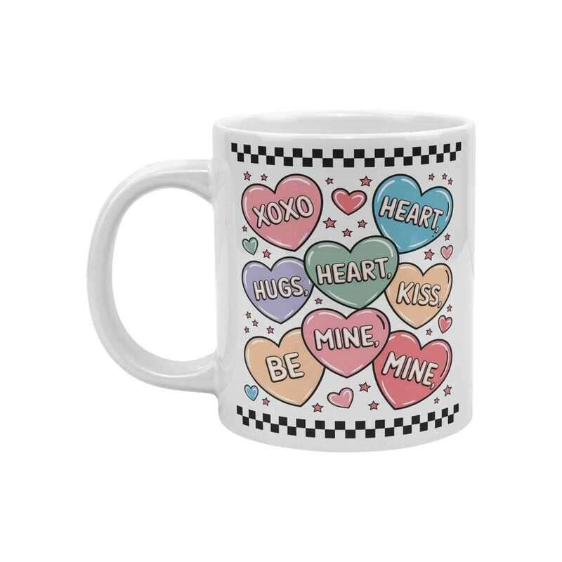 Tailorly White Ceramic 11 oz Mug - Xoxo Heart Hugs Kiss Be Mine Mine Colorful Pastel Conversation Hearts With Black And White Checkerboard Borders Heart
