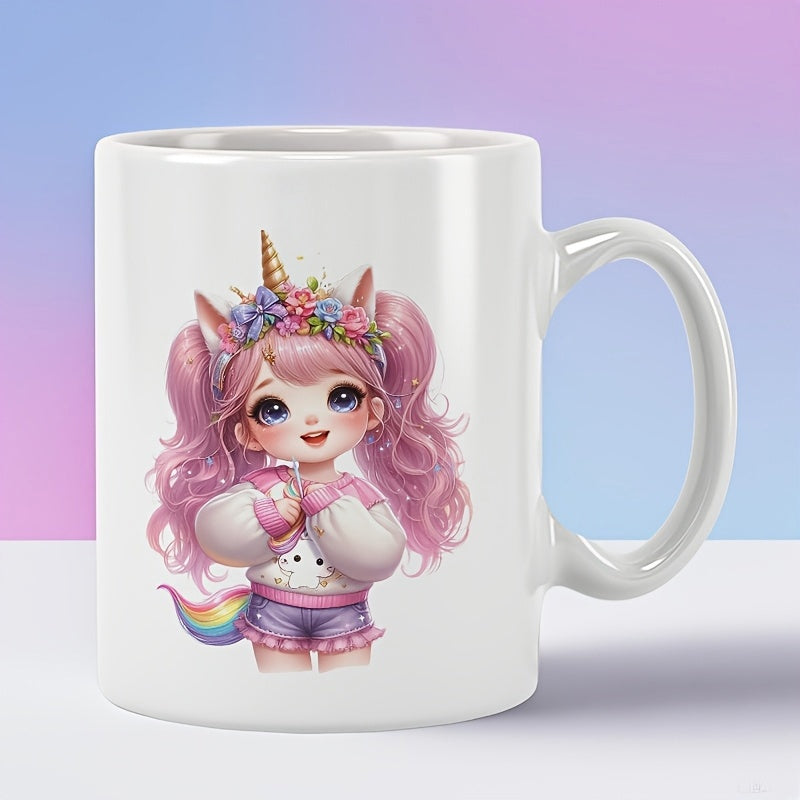 Tailorly White Ceramic 11 oz Mug - Cute Chibi Anime Unicorn Wearing Flower Crown And Soft Pink Hair Girl
