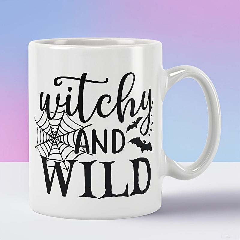 Tailorly White Ceramic 11 oz Mug - Witchy And Wild Halloween Themed Featuring Spooky Spider Web Bats Mug