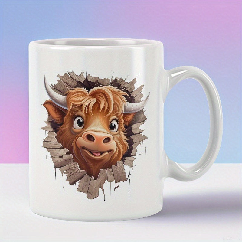 Tailorly White Ceramic 11 oz Mug - Cute Smiling Brown Furry Head Peeking From A Cracked Grey Wall Cow
