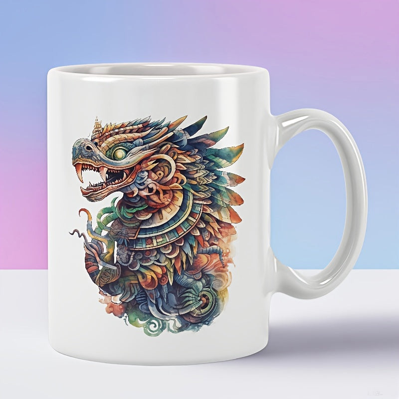 Tailorly White Ceramic 11 oz Mug - Detailed Colorful Mythical Creature With Intricate Patterns And Glowing Eyes Dragon