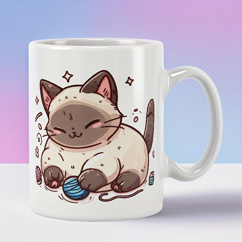 Tailorly White Ceramic 11 oz Mug - Playful Siamese Kitten Pouncing On A Small Blue Yarn Ball Cat