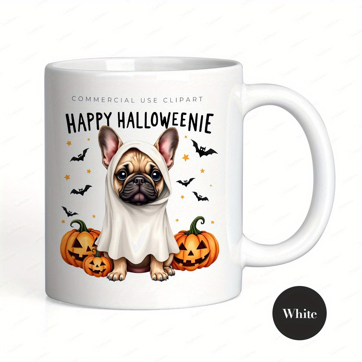 Tailorly White Ceramic 11 oz Mug - Happy Halloweenie Cute French Bulldog Wearing Ghost Costume Among Carved Pumpkins And Bats Frenchie