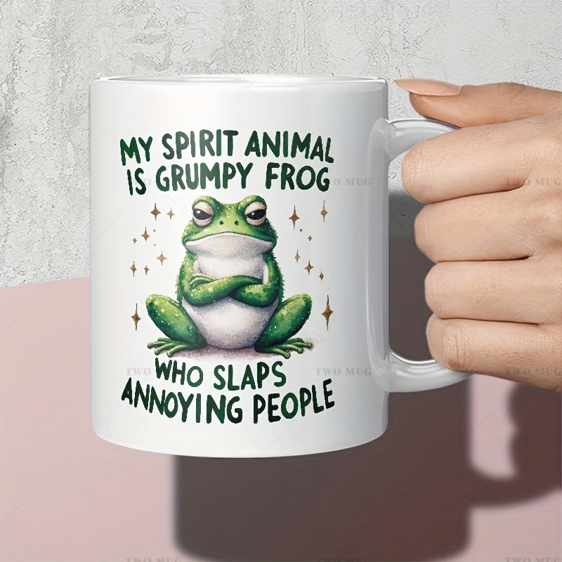 Tailorly White Ceramic 11 oz Mug - My Spirit Animal Is Grumpy Frog Who Slaps Annoying People Grumpy Green Cartoon Frog With Crossed Arms Sitting Among Sparkling
