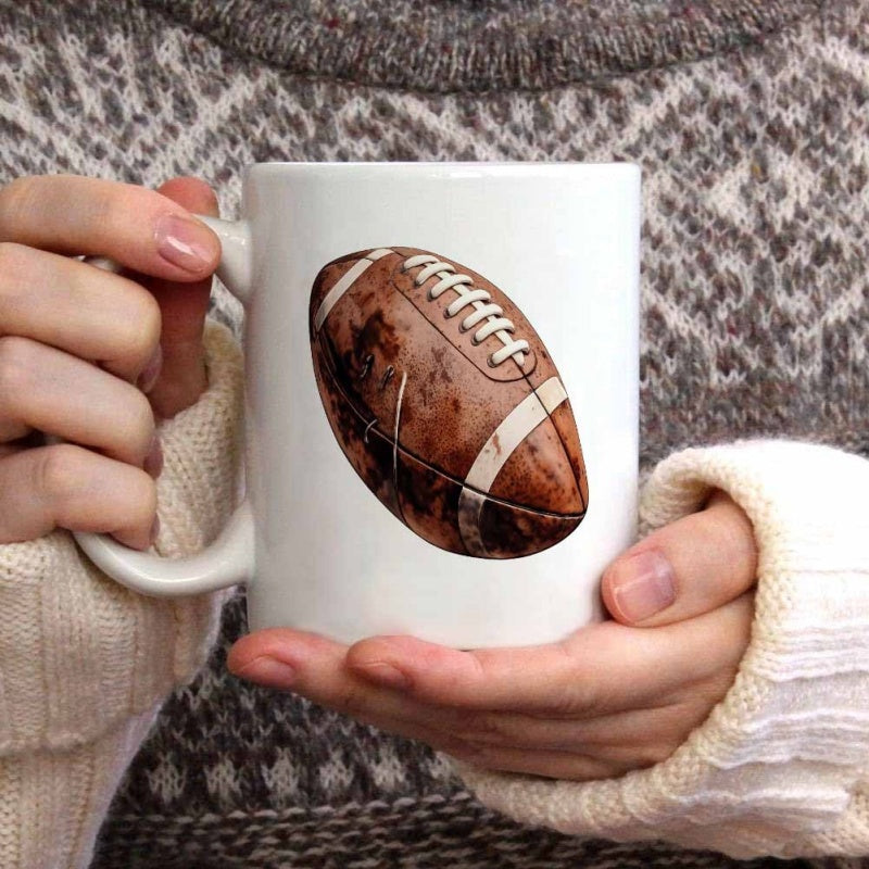 Tailorly White Ceramic 11 oz Mug - Realistic Vintage Leather Texture With White Laces And Stripes Football