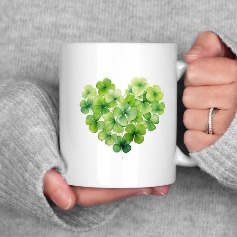 Tailorly White Ceramic 11 oz Mug - Vibrant Green Watercolor Leaves Forming A Delicate Heart Shape Clover