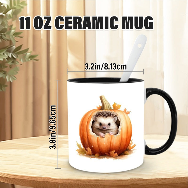 Tailorly Black Accent 11 oz Mug - hedgehog in a pumpkin with watercolor design