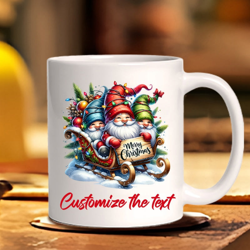 Tailorly White Ceramic 11 oz Mug - Merry Christmas Three Festive Gnomes Riding A Wooden Sleigh Across The Sparkling Winter Snow Gnome