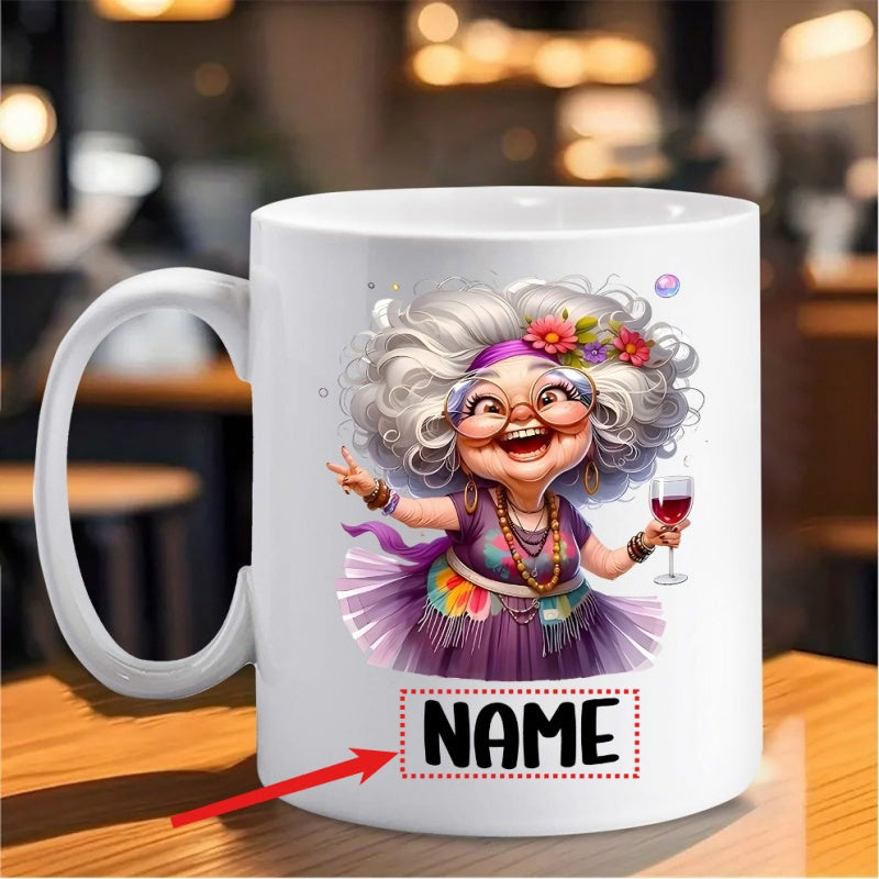 Tailorly White Ceramic 11 oz Mug - Name Joyful Elderly Woman Holding Wine Glass Wearing Purple Floral Dress Grandmother