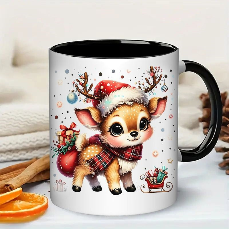 Tailorly Black Accent 11 oz Mug - cute reindeer in santa hat with plaid scarf
