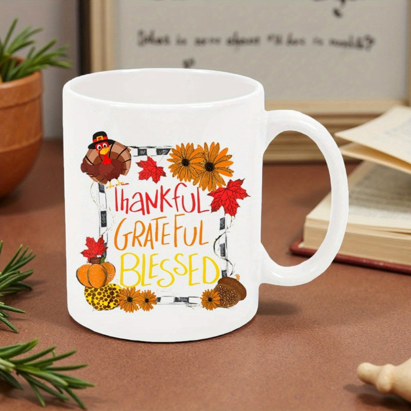 Tailorly White Ceramic 11 oz Mug - Thankful Grateful Blessed Autumn Harvest Theme With Seasonal Pumpkin Sunflowers And Festive Turkey Decoration