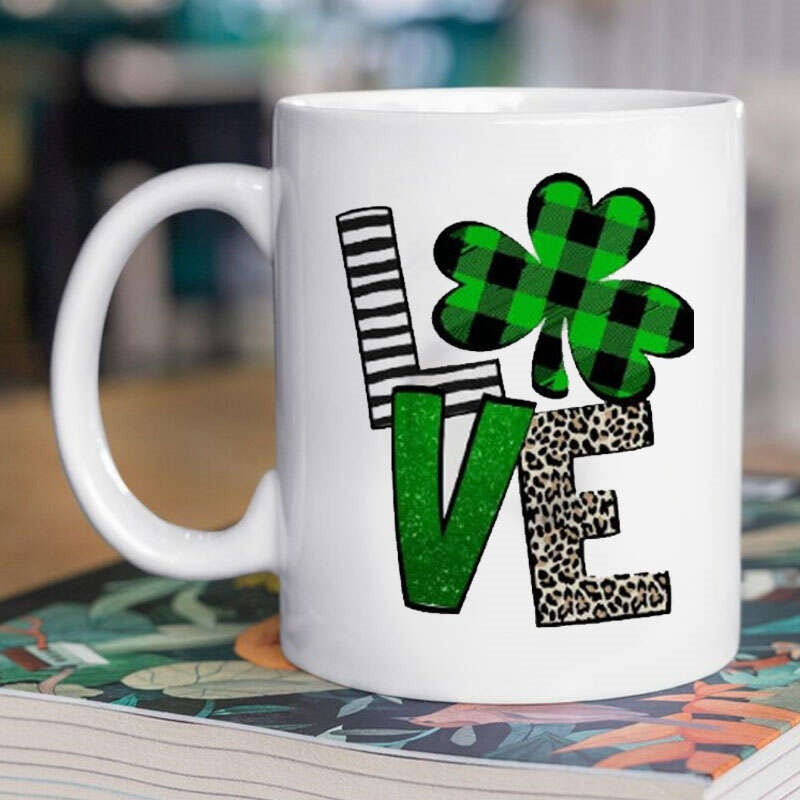 Tailorly White Ceramic 11 oz Mug - Love Striped And Leopard Patterned Letters With Green Plaid Pattern Shamrock