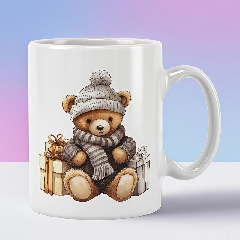 Tailorly White Ceramic 11 oz Mug - Cute Brown Teddy Wearing Striped Scarf Beside Festive Wrapped Gift Boxes Bear