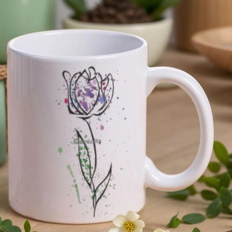 Tailorly White Ceramic 11 oz Mug - Artistic Black Line Drawing With Vibrant Watercolor Splatters And Delicate Green Leaves Tulip