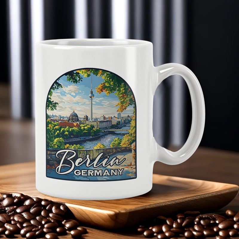 Tailorly White Ceramic 11 oz Mug - Berlin Germany Beautiful Arched Scenic View Of Famous Berlin Cityscape Landmarks Skyline