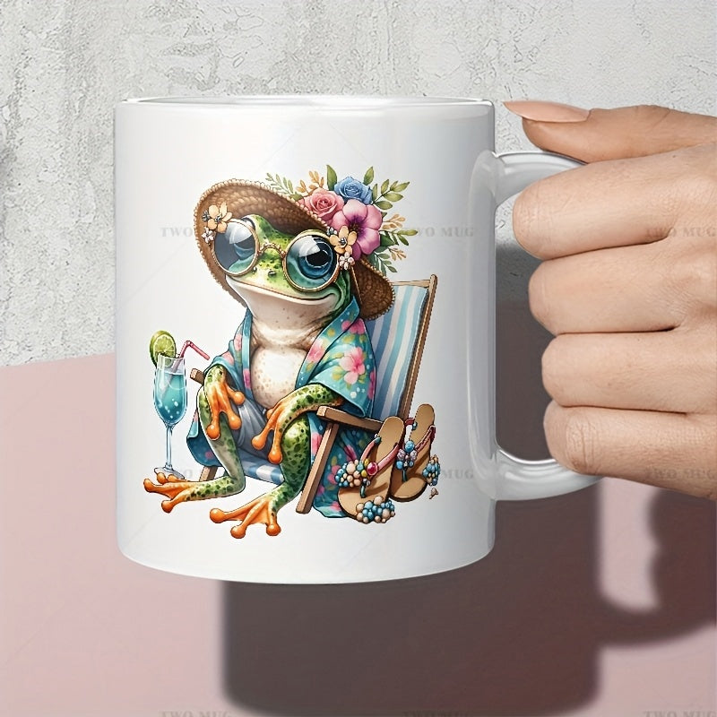 Tailorly White Ceramic 11 oz Mug - Charming Tropical Frog Wearing Sunglasses Relaxing On Sunny Beach Chair Frog