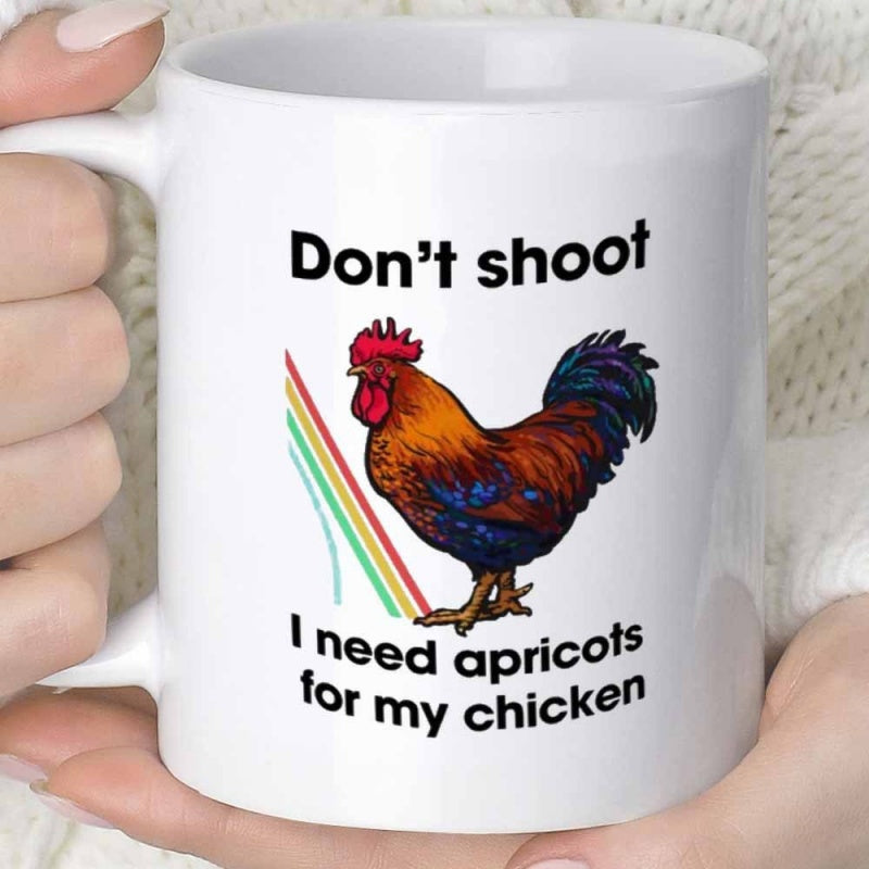 Tailorly White Ceramic 11 oz Mug - Dont Shoot I Need Apricots For My Chicken Vibrant Colorful Plumage Standing Near Rainbow Lines In Farm Atmosphere Rooster