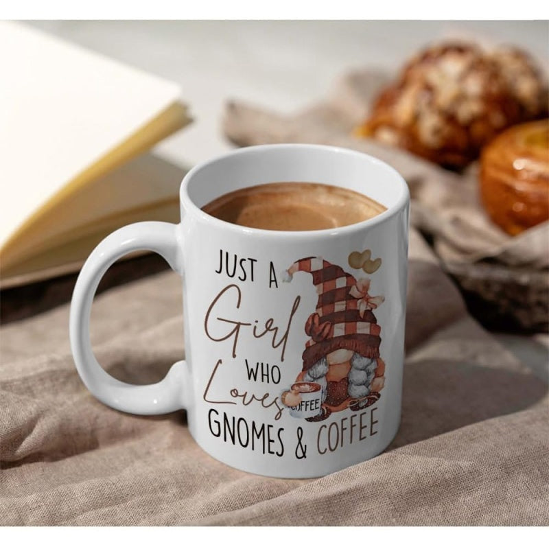 Tailorly White Ceramic 11 oz Mug - Just A Girl Who Loves Gnomes Coffee Whimsical Cartoon Character Wearing Plaid Hat Holding Warm Coffee Cup Gnome
