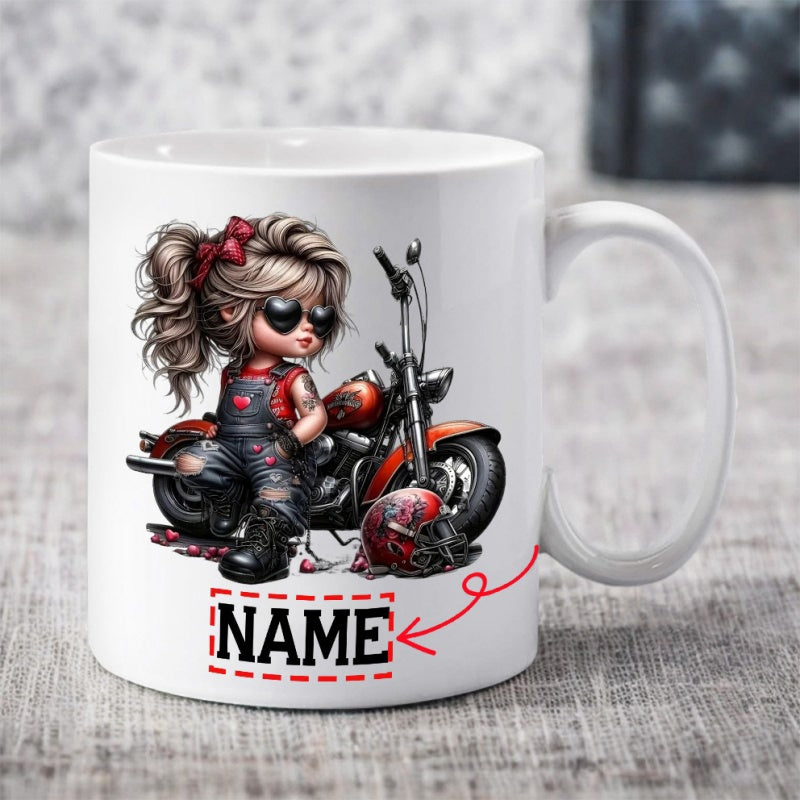 Tailorly White Ceramic 11 oz Mug - Name Cool Biker Wearing Sunglasses Sitting Beside A Classic Red Motorcycle Girl
