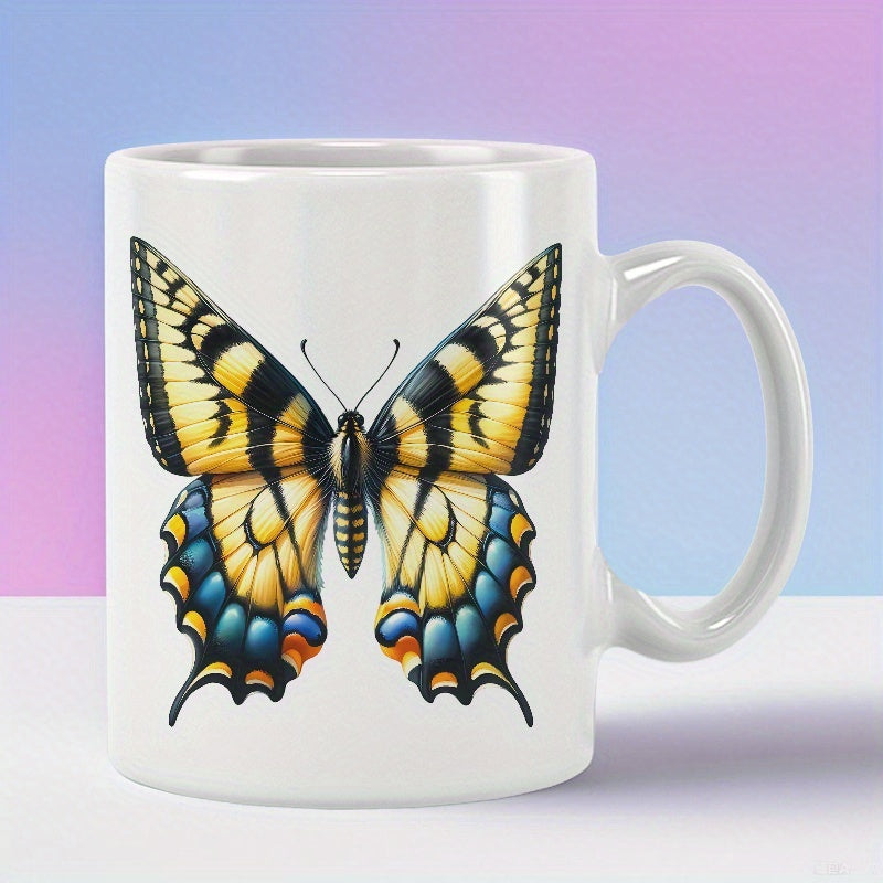 Tailorly White Ceramic 11 oz Mug - Detailed Yellow Swallowtail With Black Stripes And Blue Accents Butterfly